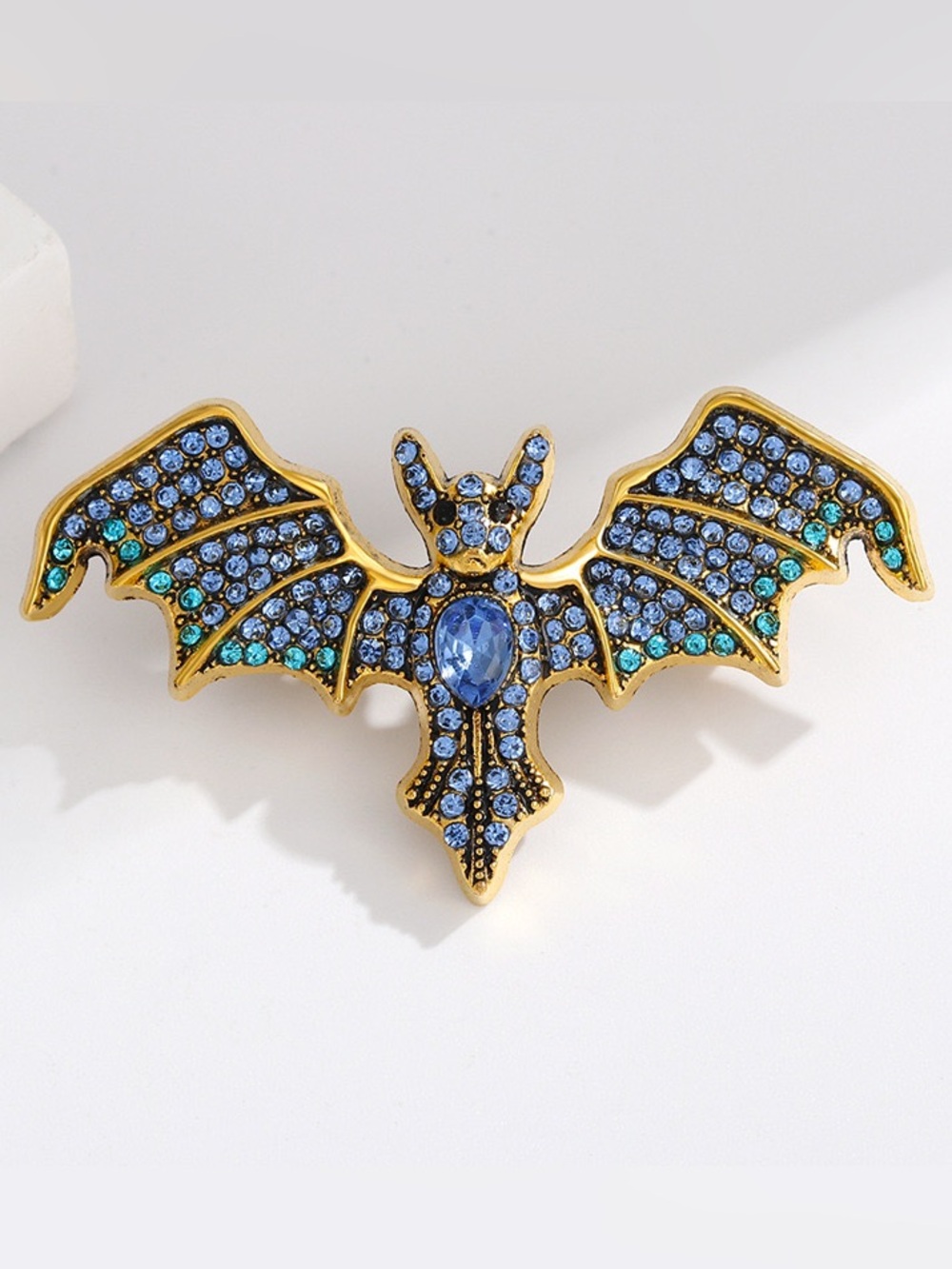 Blue Crystal Bat Brooch Pin – Vintage Style Gold Tone Rhinestone Bat